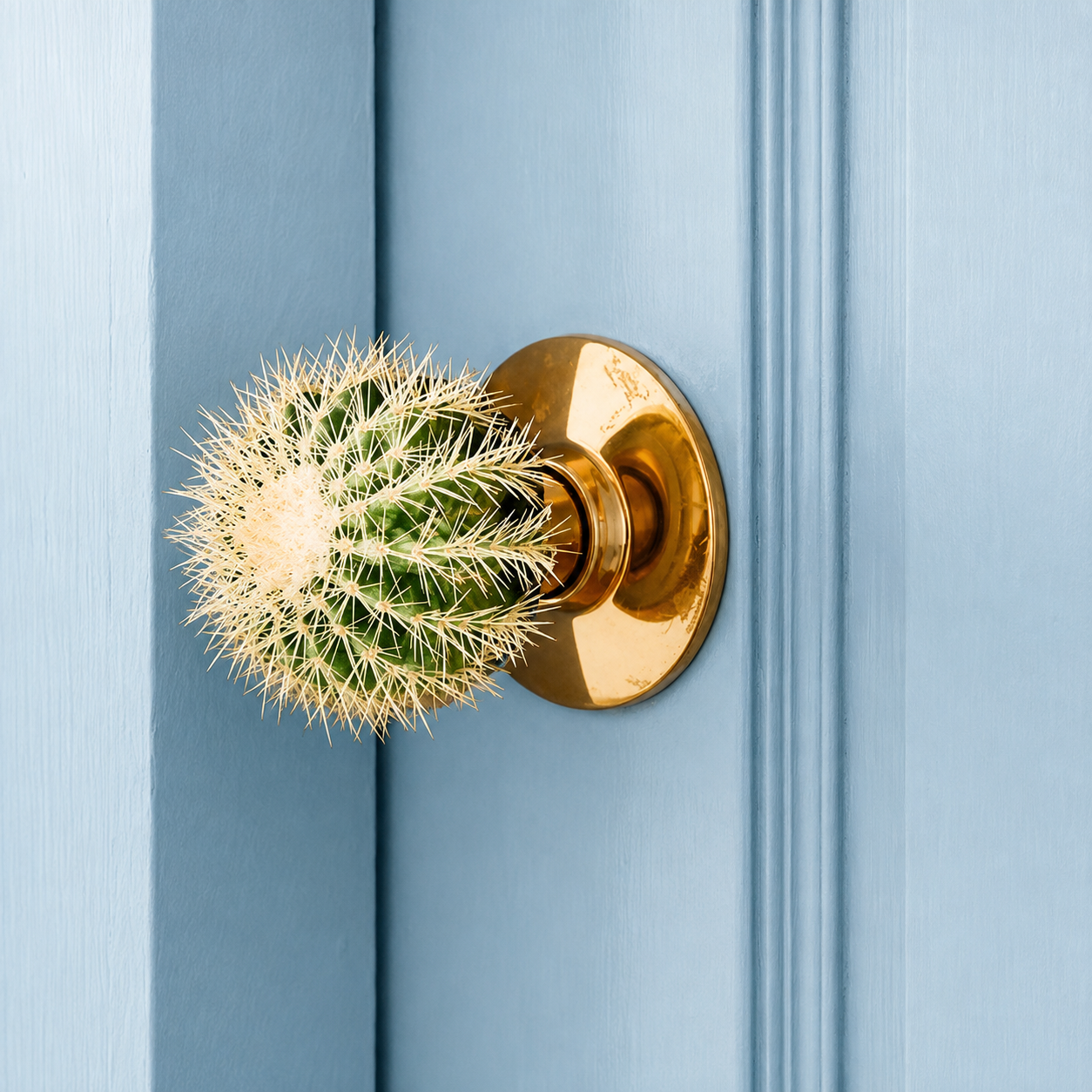 A blue door with a gilded knob and a small cactus