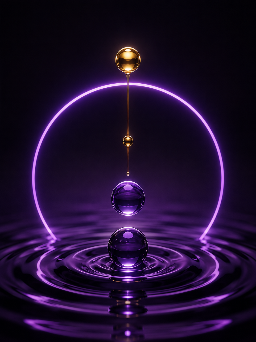 A gold learner droplet entering a violet ring above a rippling violet surface.