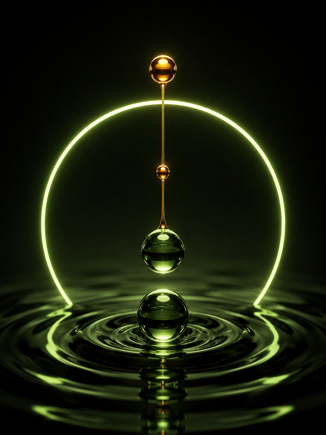 A gold learner droplet cascading through an olive ring into a rippling olive surface.