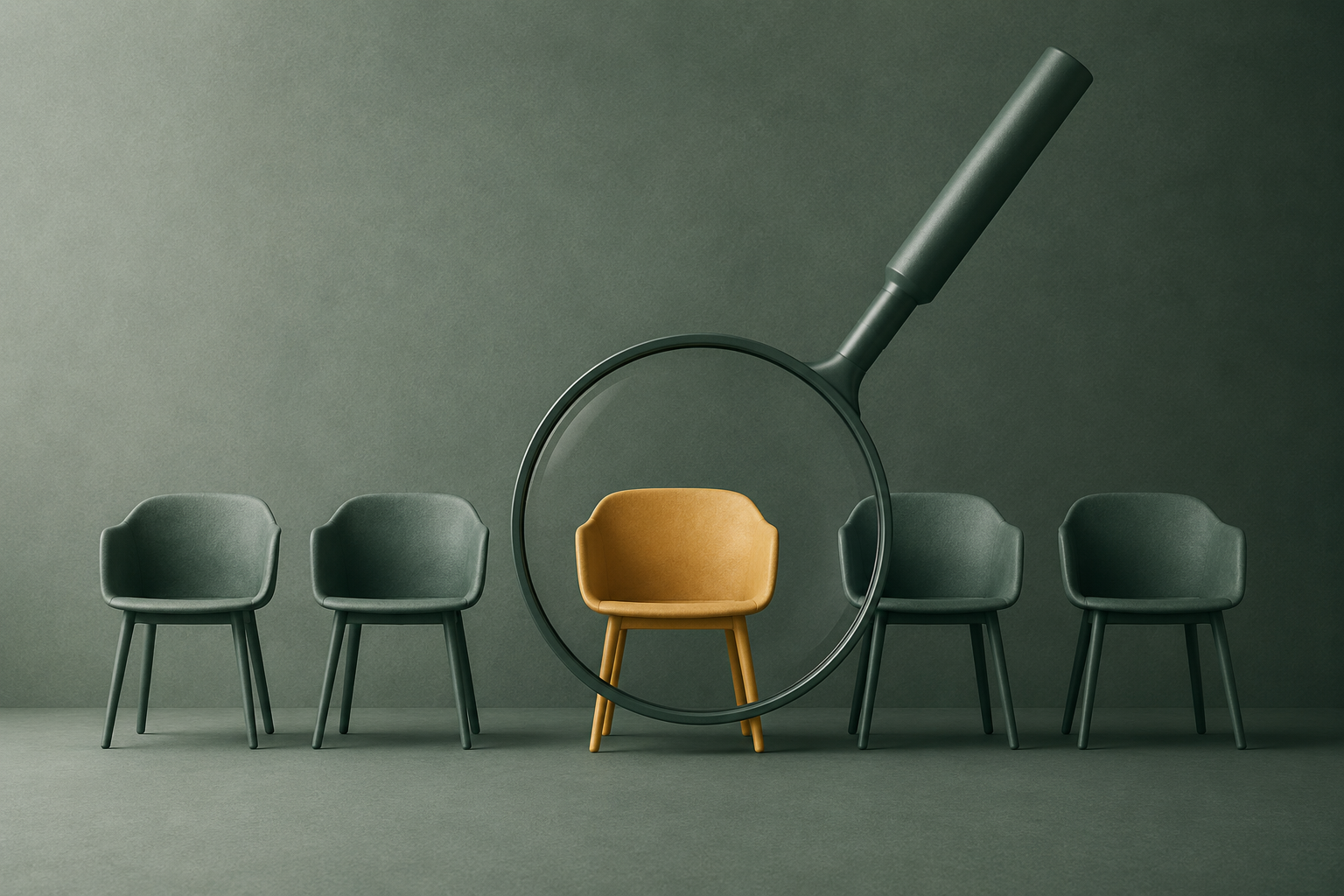 Five chairs in a row, one held under a magnifying glass — visibility across a team